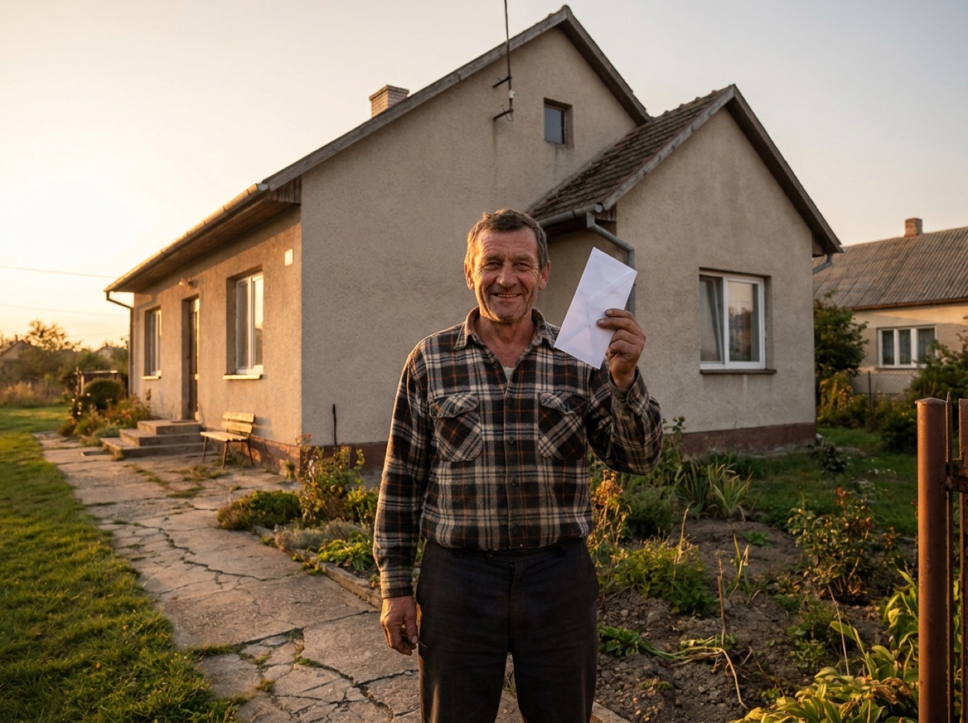 Mężczyzna przed domem z listem z banku