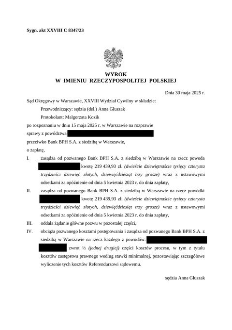 Wyrok: Bank BPH, po 219 439 zł dla każdego z powodów